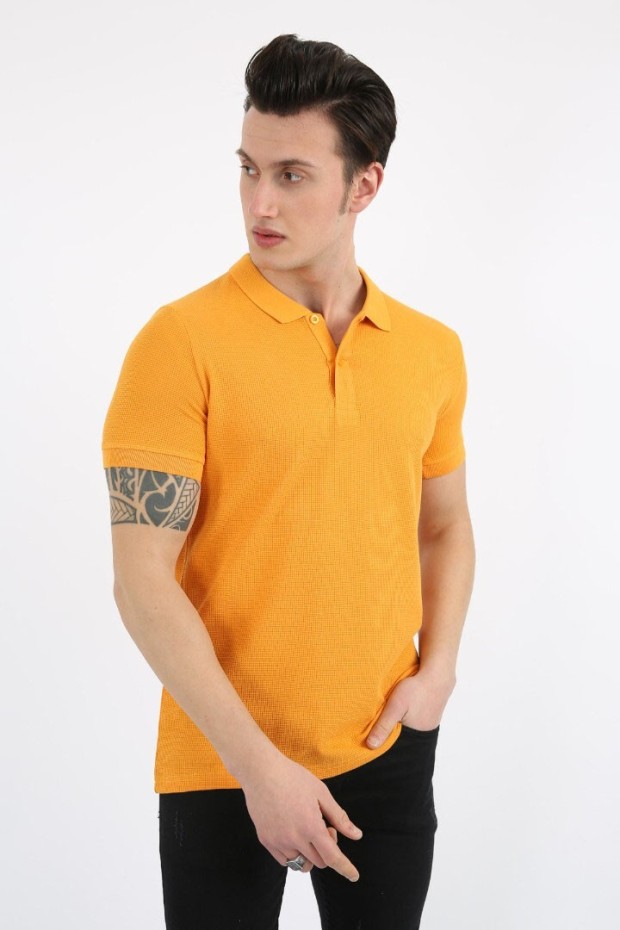 Polo Yaka Waffle Kumaş Düz Sarı Tişört