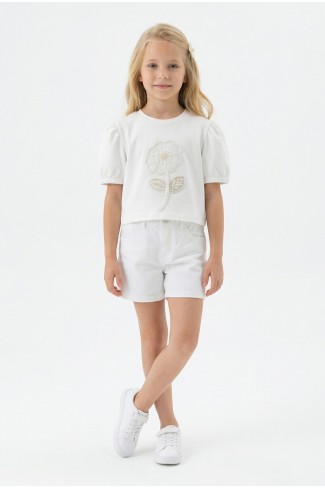 Kız Çocuk İnci ve Pul İşlemeli Papatya Nakışlı Tişört Ve Gabardin Kumaş Yazlık Şortlu Takım