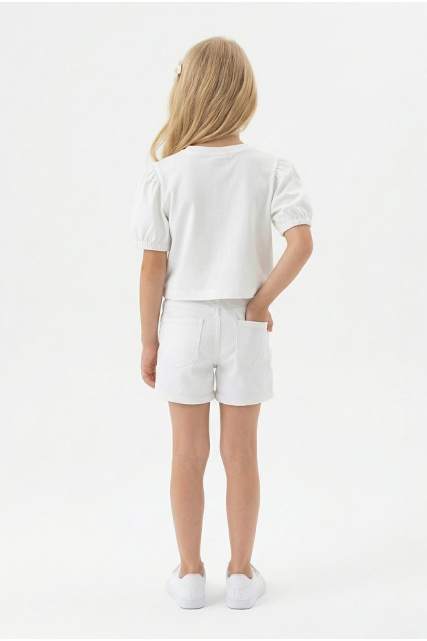 Kız Çocuk İnci ve Pul İşlemeli Papatya Nakışlı Tişört Ve Gabardin Kumaş Yazlık Şortlu Takım