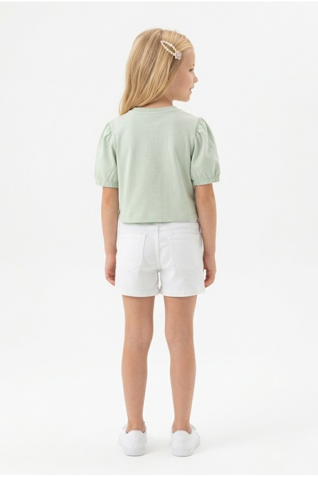 Kız Çocuk İnci ve Pul İşlemeli Papatya Nakışlı Tişört Ve Gabardin Kumaş Yazlık Şortlu Takım