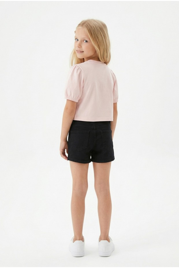 Kız Çocuk İnci ve Pul İşlemeli Papatya Nakışlı Tişört Ve Gabardin Kumaş Yazlık Şortlu Takım