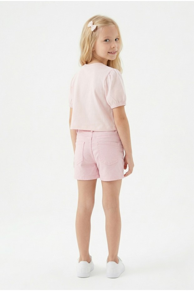 Kız Çocuk İnci ve Pul İşlemeli Papatya Nakışlı Tişört Ve Gabardin Kumaş Yazlık Şortlu Takım