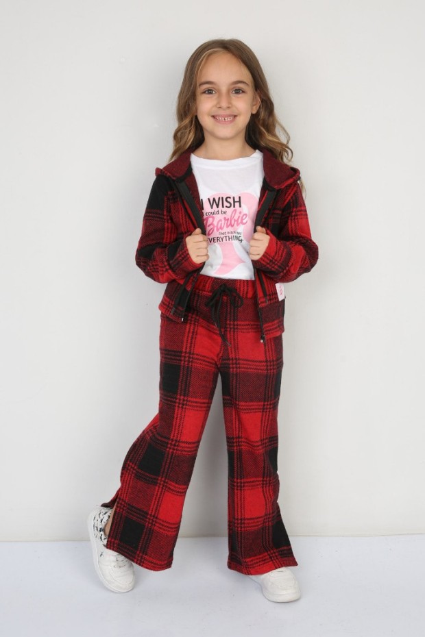 Şardonlu Pamuklu Jakar Kumaş Kareli 3 lü Kırmızı Takım