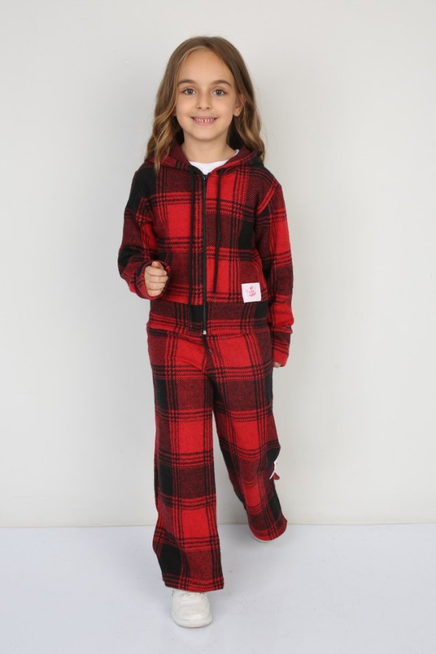 Şardonlu Pamuklu Jakar Kumaş Kareli 3 lü Kırmızı Takım