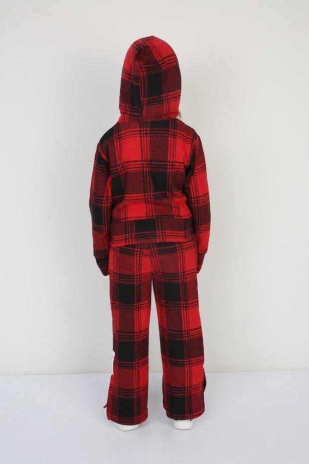 Şardonlu Pamuklu Jakar Kumaş Kareli 3 lü Kırmızı Takım