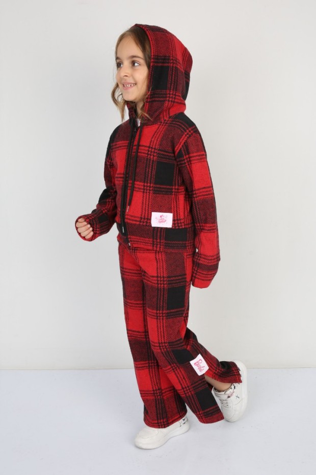 Şardonlu Pamuklu Jakar Kumaş Kareli 3 lü Kırmızı Takım