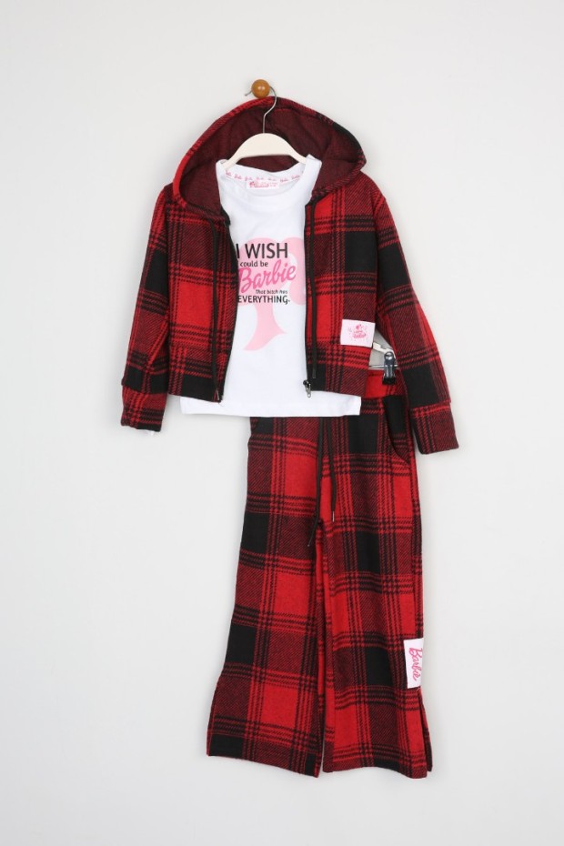 Şardonlu Pamuklu Jakar Kumaş Kareli 3 lü Kırmızı Takım