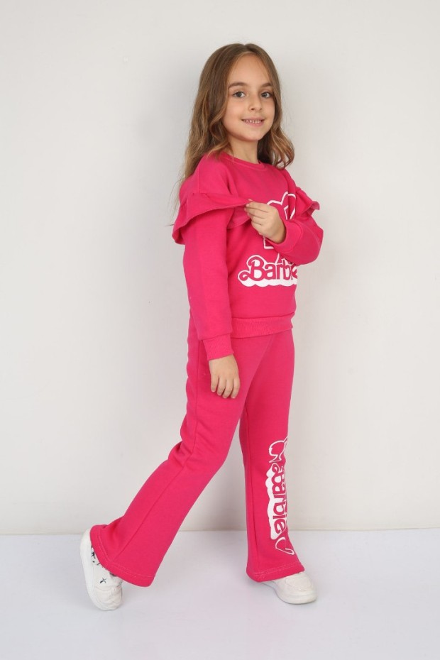 Üç İplik Şardonlu Pamuk Kumaş Baskılı Fuşya Takım