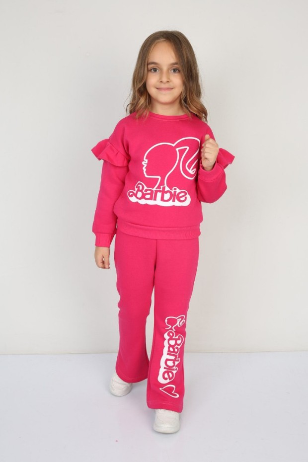 Üç İplik Şardonlu Pamuk Kumaş Baskılı Fuşya Takım