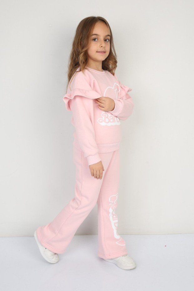 Üç İplik Şardonlu Pamuk Kumaş Baskılı Pembe Takım