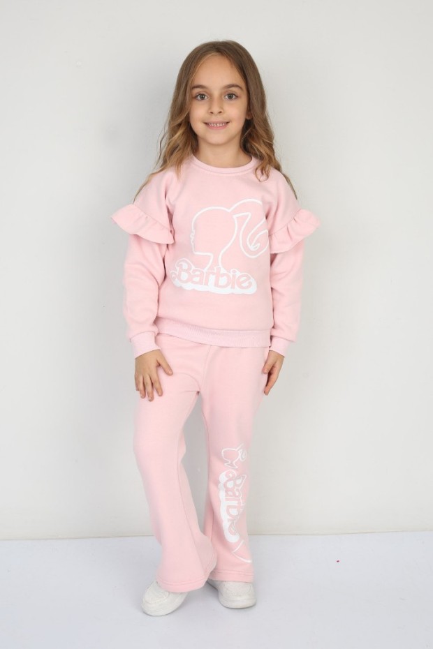 Üç İplik Şardonlu Pamuk Kumaş Baskılı Pembe Takım