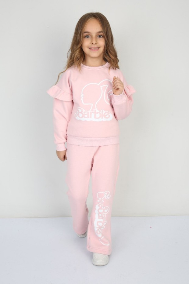 Üç İplik Şardonlu Pamuk Kumaş Baskılı Pembe Takım