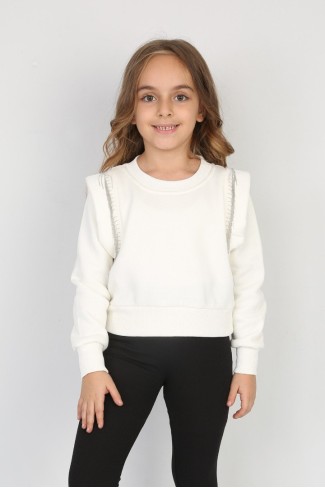 Üç İplik Şardonlu Pamuk Kumaş Beyaz Crop Sweat 