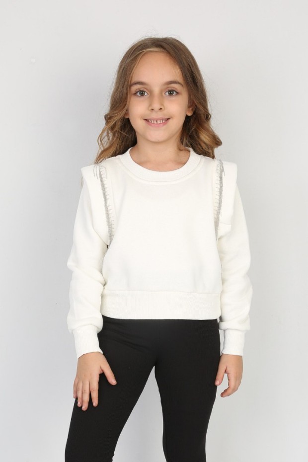 Üç İplik Şardonlu Pamuk Kumaş Beyaz Crop Sweat