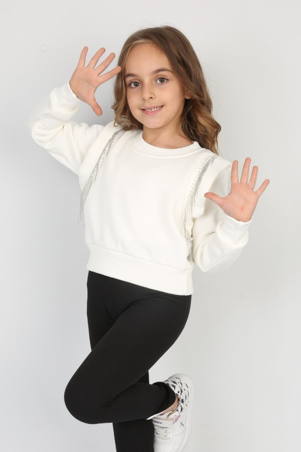 Üç İplik Şardonlu Pamuk Kumaş Beyaz Crop Sweat