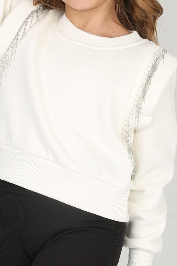 Üç İplik Şardonlu Pamuk Kumaş Beyaz Crop Sweat