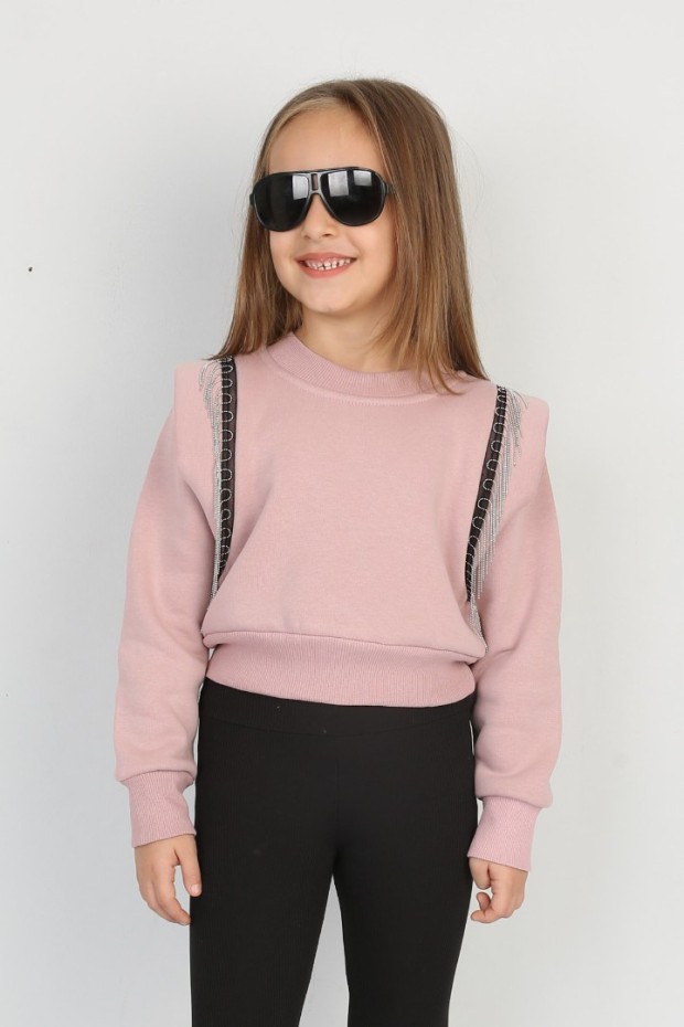 Üç İplik Şardonlu Pamuk Kumaş Pudra Crop Sweat