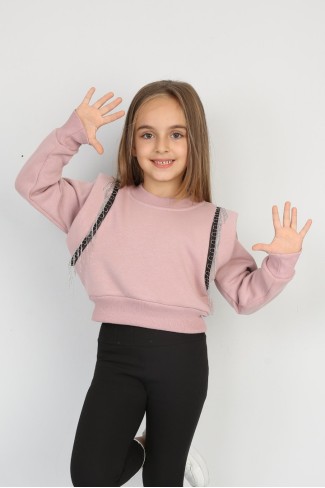 Üç İplik Şardonlu Pamuk Kumaş Pudra Crop Sweat