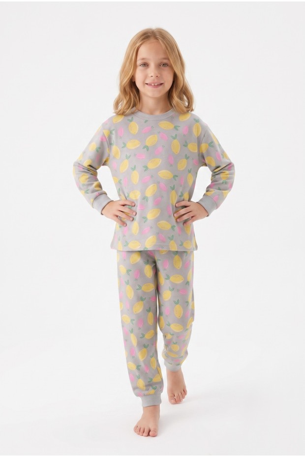 Kız Çocuk Limon Desenli  %100 Pamuk Süprem Kumaş Reaktif Boyama Uzun Kollu Pijama Takımı
