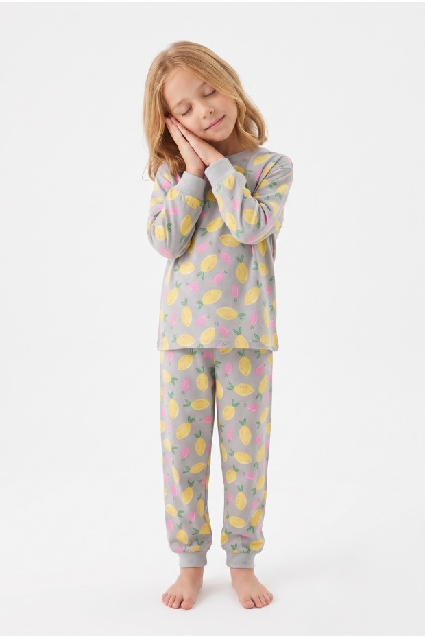 Kız Çocuk Limon Desenli  %100 Pamuk Süprem Kumaş Reaktif Boyama Uzun Kollu Pijama Takımı