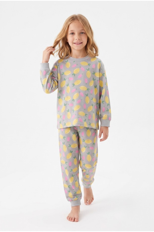 Kız Çocuk Limon Desenli  %100 Pamuk Süprem Kumaş Reaktif Boyama Uzun Kollu Pijama Takımı