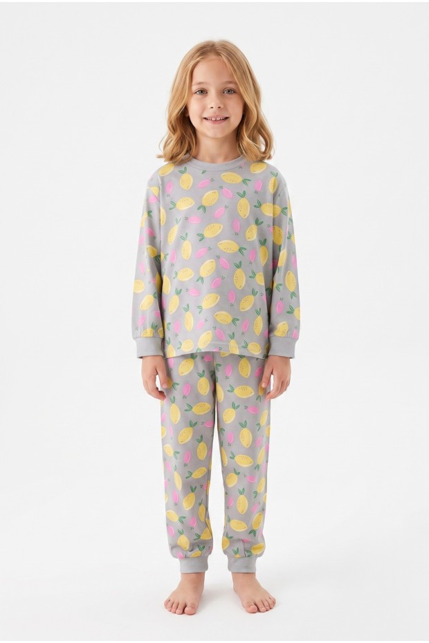 Kız Çocuk Limon Desenli  %100 Pamuk Süprem Kumaş Reaktif Boyama Uzun Kollu Pijama Takımı