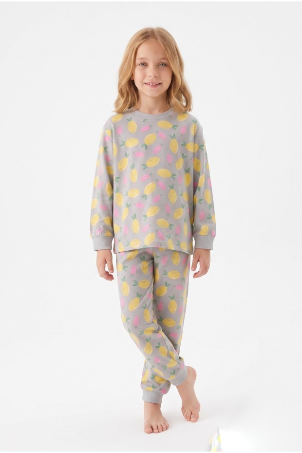 Kız Çocuk Limon Desenli  %100 Pamuk Süprem Kumaş Reaktif Boyama Uzun Kollu Pijama Takımı