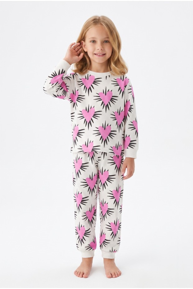 Kız Çocuk Baskılı  %100 Pamuk Süprem Kumaş Reaktif Boyama Uzun Kollu Pijama Takımı