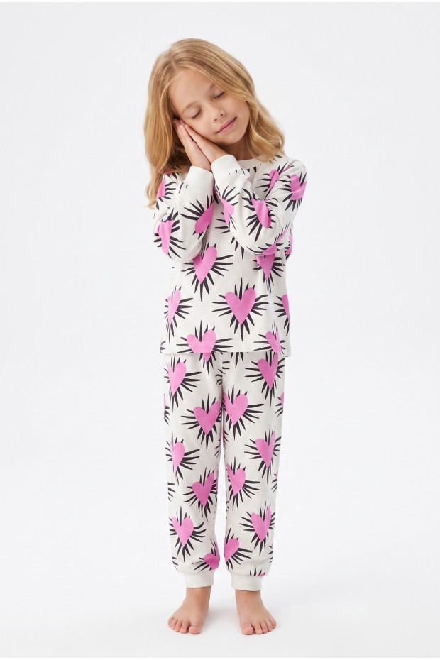 Kız Çocuk Baskılı  %100 Pamuk Süprem Kumaş Reaktif Boyama Uzun Kollu Pijama Takımı