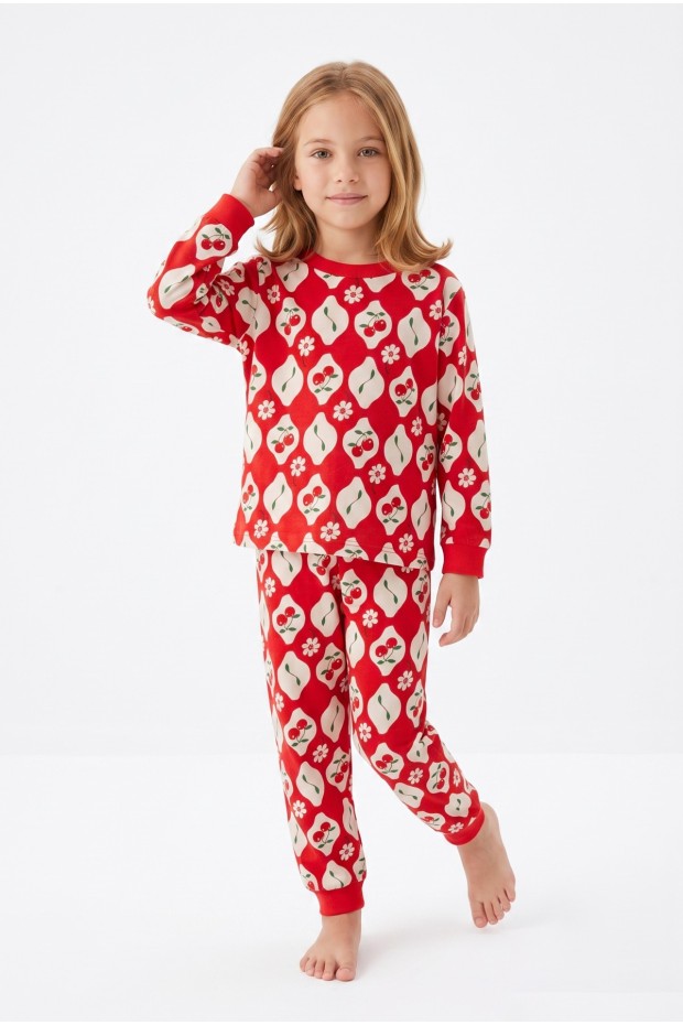 Kız Çocuk Baskılı  %100 Pamuk Süprem Kumaş Reaktif Boyama Uzun Kollu Pijama Takımı 