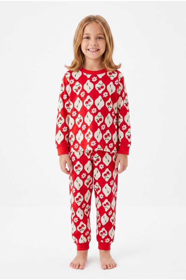 Kız Çocuk Baskılı  %100 Pamuk Süprem Kumaş Reaktif Boyama Uzun Kollu Pijama Takımı 