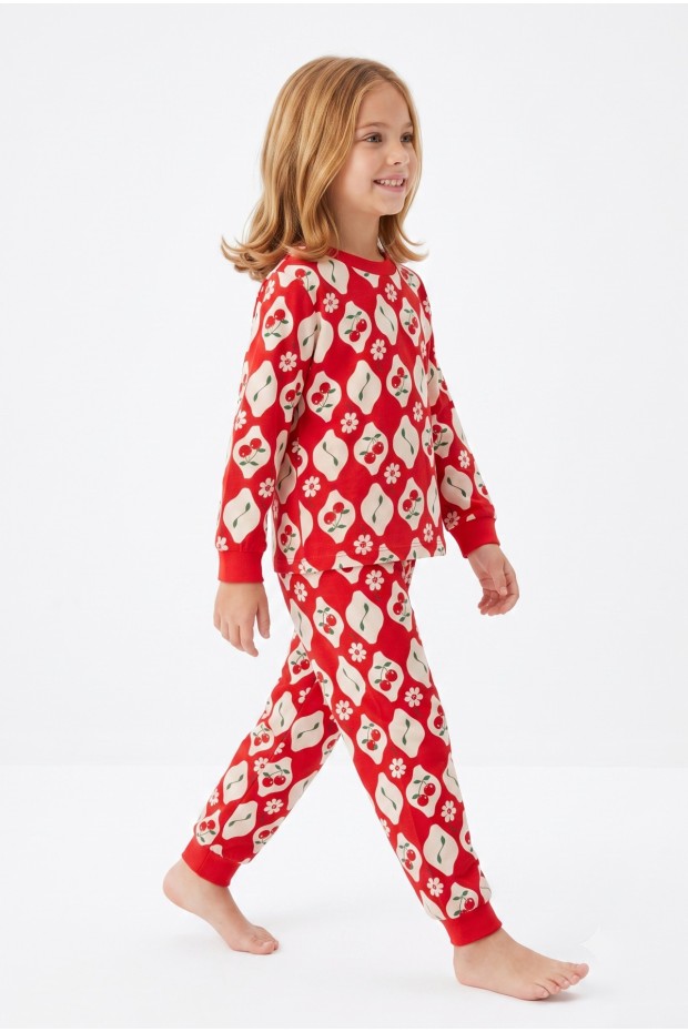 Kız Çocuk Baskılı  %100 Pamuk Süprem Kumaş Reaktif Boyama Uzun Kollu Pijama Takımı 