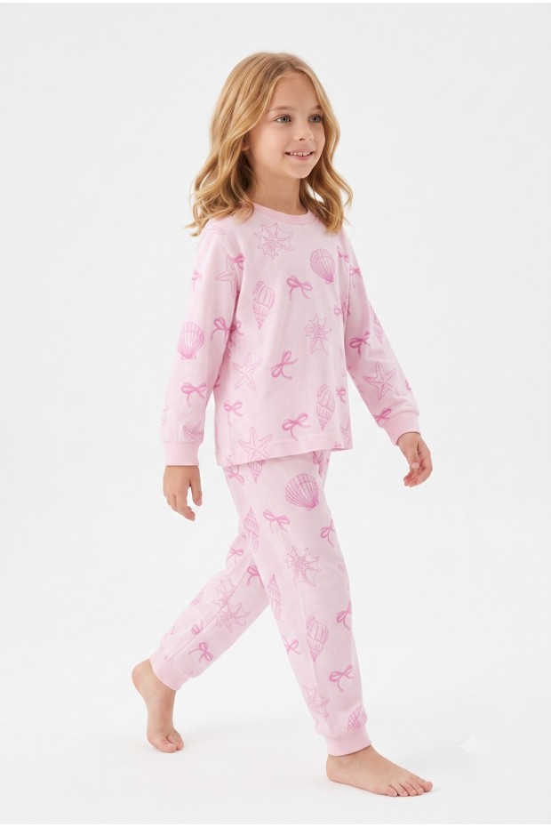 Kız Çocuk Baskılı  %100 Pamuk Süprem Kumaş Reaktif Boyama Uzun Kollu Pijama Takımı 