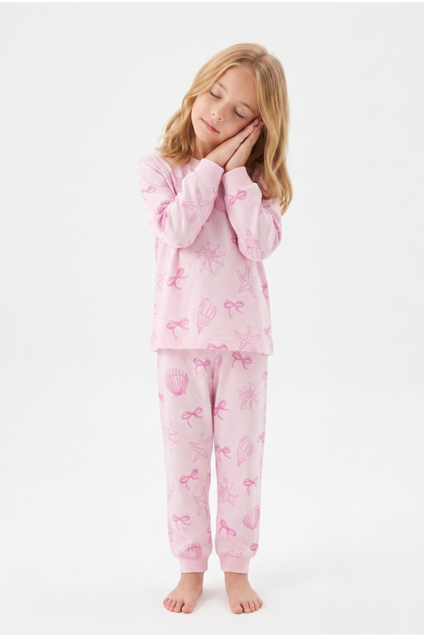 Kız Çocuk Baskılı  %100 Pamuk Süprem Kumaş Reaktif Boyama Uzun Kollu Pijama Takımı 