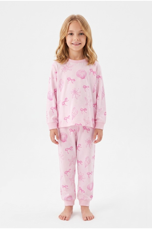 Kız Çocuk Baskılı  %100 Pamuk Süprem Kumaş Reaktif Boyama Uzun Kollu Pijama Takımı 