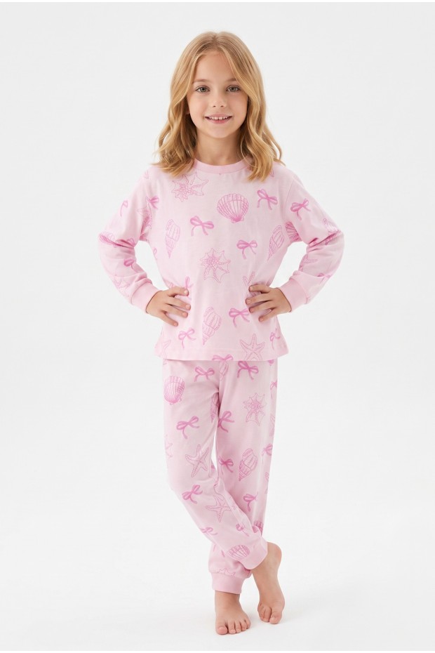 Kız Çocuk Baskılı  %100 Pamuk Süprem Kumaş Reaktif Boyama Uzun Kollu Pijama Takımı 
