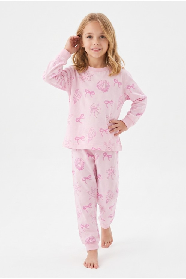 Kız Çocuk Baskılı  %100 Pamuk Süprem Kumaş Reaktif Boyama Uzun Kollu Pijama Takımı 