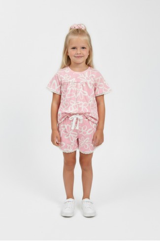 Kız Çocuk Tokalı Dantelli Çiçek Baskılı %100 Pamuk Kısa Kollu Şortlu Takım