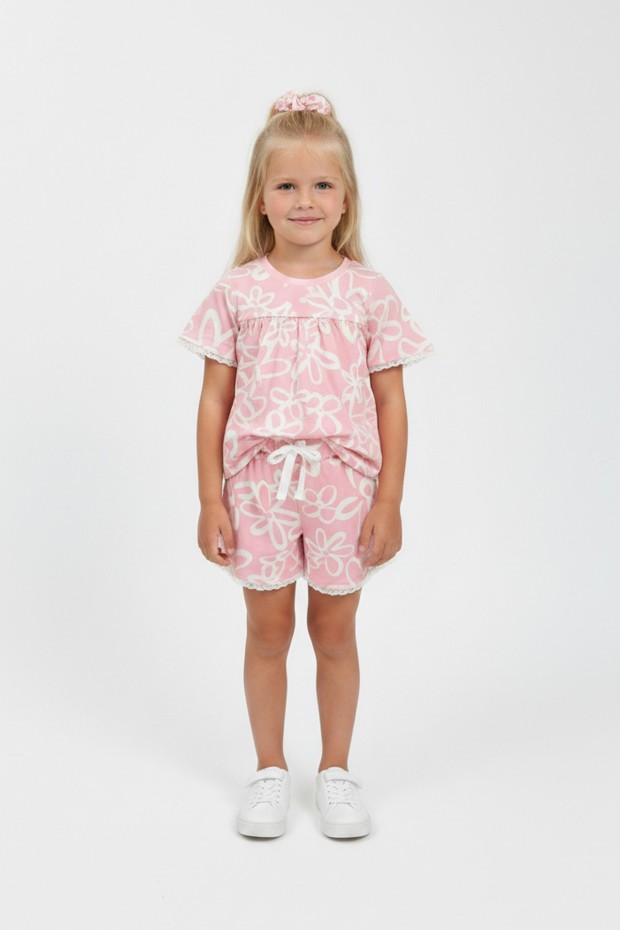 Kız Çocuk Tokalı Dantelli Çiçek Baskılı %100 Pamuk Kısa Kollu Şortlu Takım