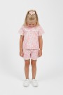 Kız Çocuk Tokalı Dantelli Çiçek Baskılı %100 Pamuk Kısa Kollu Şortlu Takım