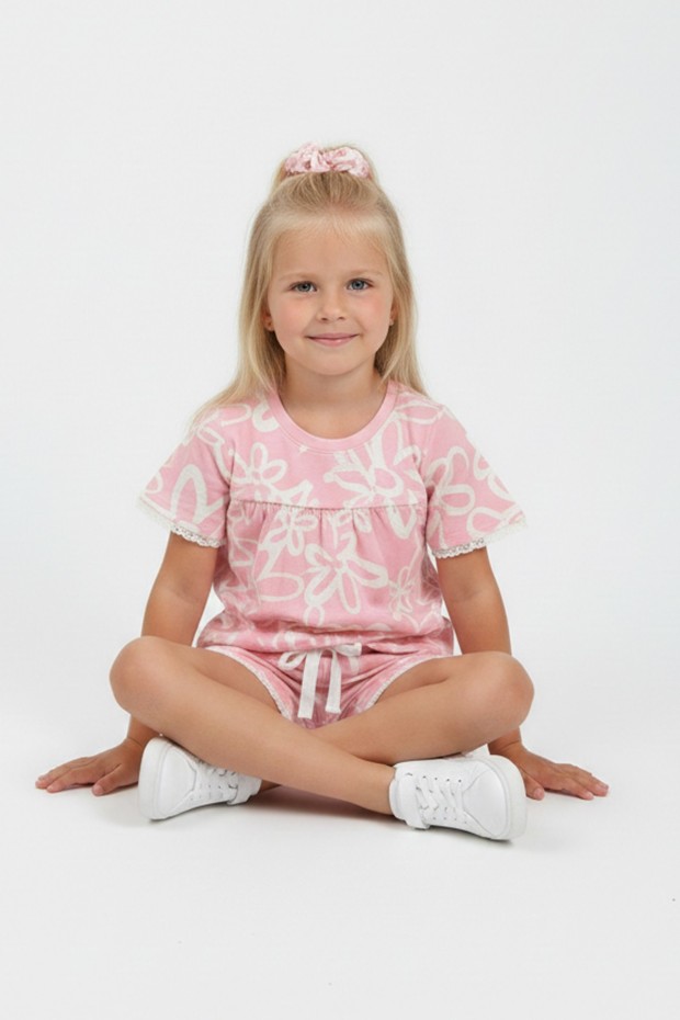 Kız Çocuk Tokalı Dantelli Çiçek Baskılı %100 Pamuk Kısa Kollu Şortlu Takım
