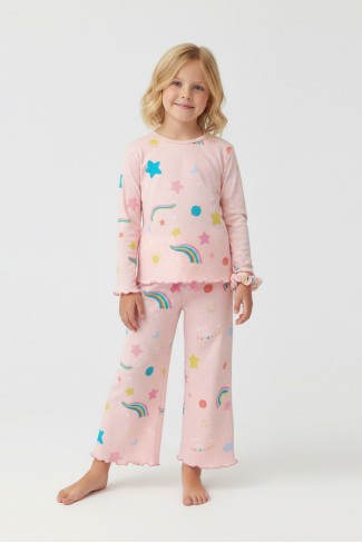 Kız Çocuk Tokalı Gökkuşağı Baskılı %100 Pamuk Uzun Kollu Pijama Takımı