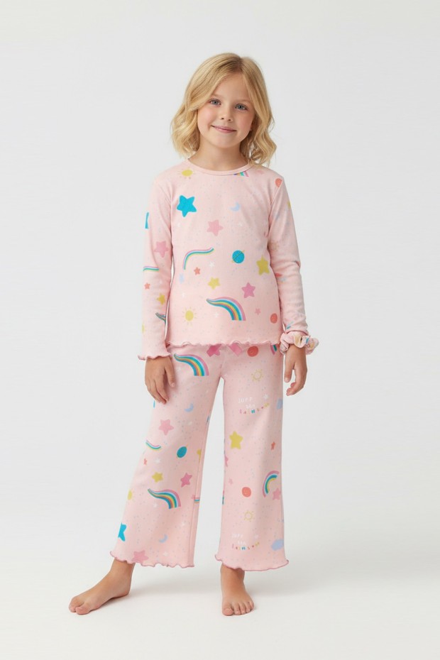 Kız Çocuk Tokalı Gökkuşağı Baskılı %100 Pamuk Uzun Kollu Pijama Takımı