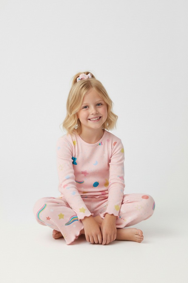 Kız Çocuk Tokalı Gökkuşağı Baskılı %100 Pamuk Uzun Kollu Pijama Takımı