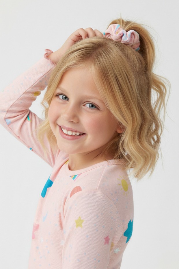 Kız Çocuk Tokalı Gökkuşağı Baskılı %100 Pamuk Uzun Kollu Pijama Takımı