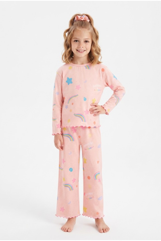Kız Çocuk Tokalı  Gökkuşağı ve Yıldız Desenli %100 Pamuk Uzun Kollu Pijama Takımı