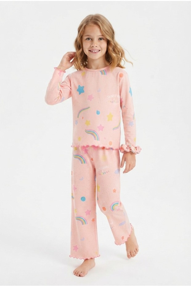 Kız Çocuk Tokalı  Gökkuşağı ve Yıldız Desenli %100 Pamuk Uzun Kollu Pijama Takımı