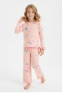 Kız Çocuk Tokalı  Gökkuşağı ve Yıldız Desenli %100 Pamuk Uzun Kollu Pijama Takımı