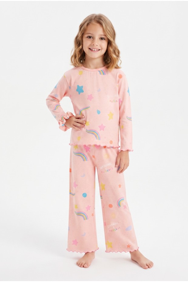 Kız Çocuk Tokalı  Gökkuşağı ve Yıldız Desenli %100 Pamuk Uzun Kollu Pijama Takımı