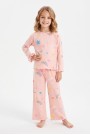 Kız Çocuk Tokalı  Gökkuşağı ve Yıldız Desenli %100 Pamuk Uzun Kollu Pijama Takımı